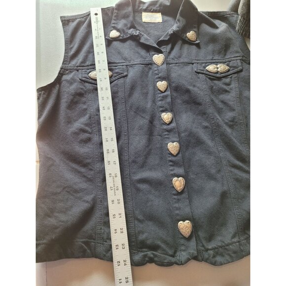 Museum Collection Black Denim Vest Womens XL Metal Heart Buttons Sleeveless Coll - Picture 6 of 10